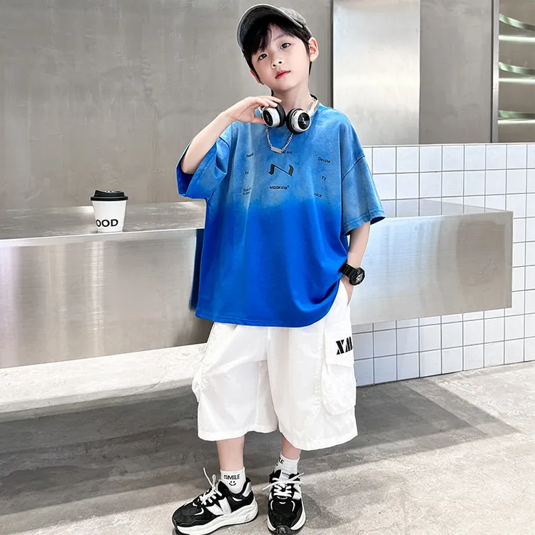 男童时尚夏儿童渐变薄款短袖2025新款中大童痞帅炸街夏季时尚套装
