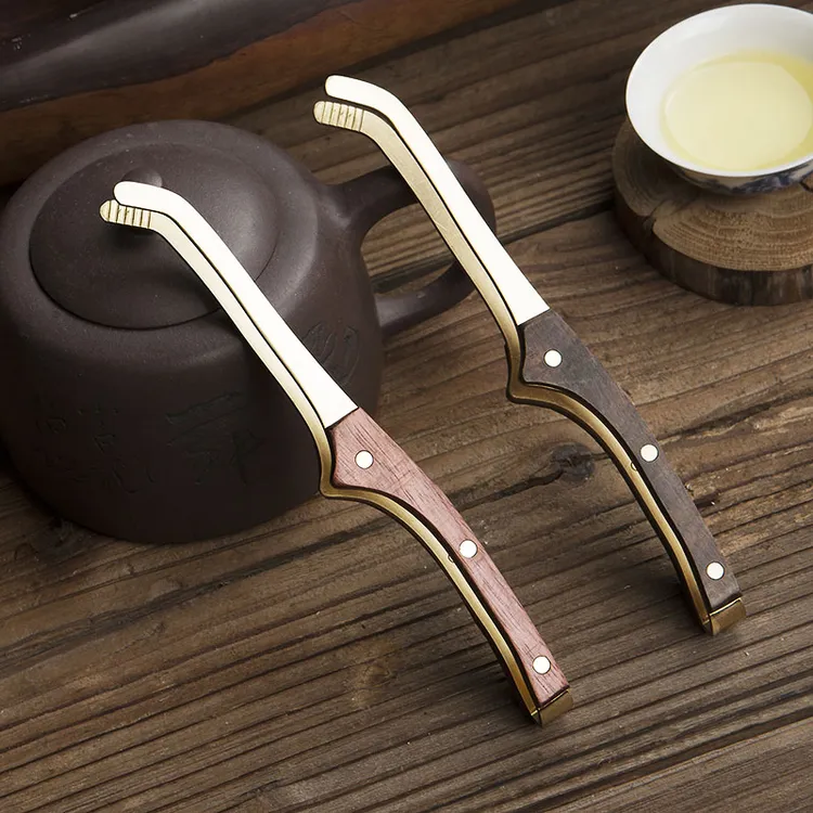 纯黄铜茶具配件茶夹功夫茶具茶道夹子茶杯茶叶镊子铜木防滑弯茶夹