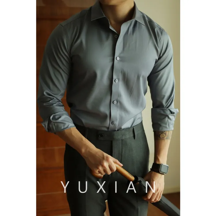 YUXIAN余闲微弹抗皱免烫长袖衬衫男士商务休闲纯色正装绅士