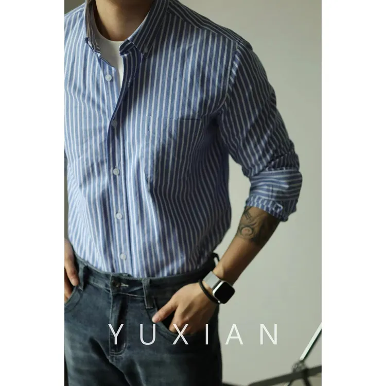 YUXIAN余闲条纹百搭蓝色叠穿衬衫男长袖高级感商务休闲通勤纯棉帅