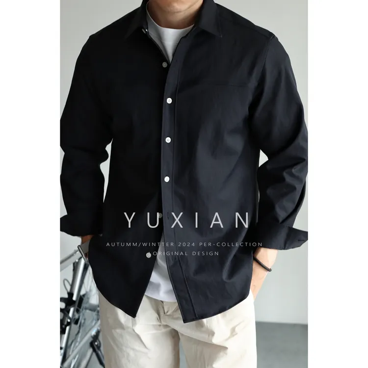 YUXIAN日系酵素洗口袋工装抗皱衬衫男士休闲宽松翻领长袖衬衣春秋