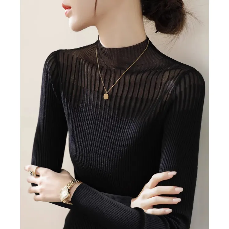 韩系网纱拼接半高圆领针织打底衫上衣2025春季新款中袖修身内搭女