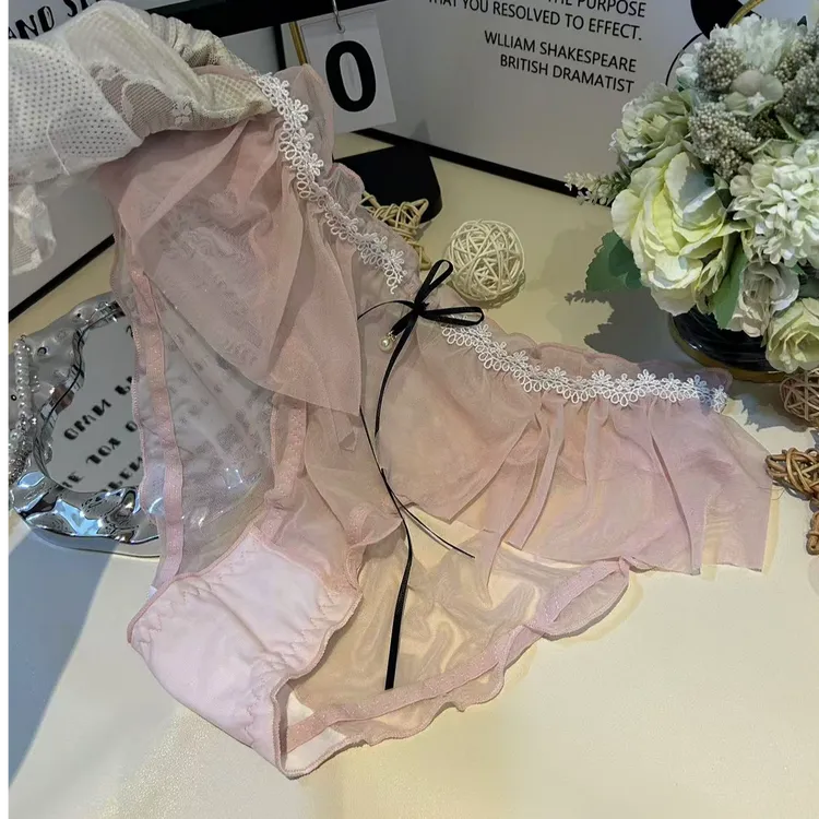 法式纯欲仙女风花苞蕾丝轻薄网纱内裤女性感约会甜美大码三角裤