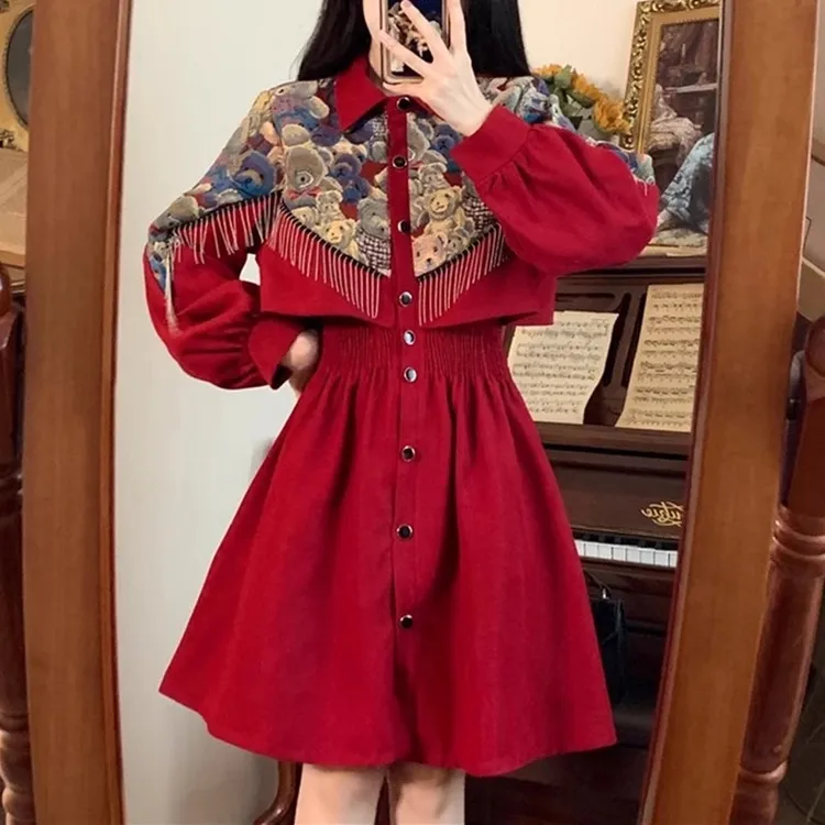 大码国风新中式流苏假两件连衣裙女秋冬胖MM显瘦气质高级感衬衫裙