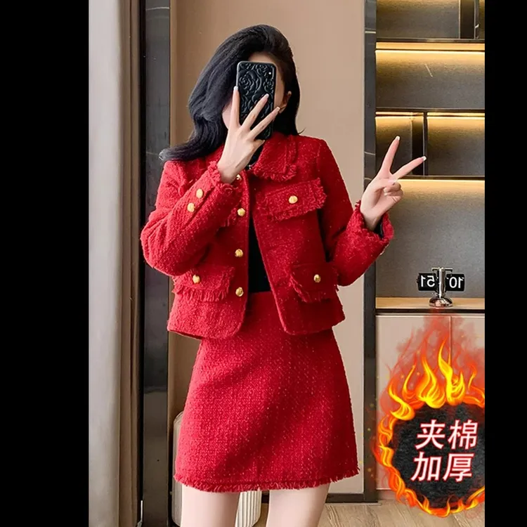 秋冬季小个子新款穿搭红色小香风加棉加厚短外套半身裙两件套装女