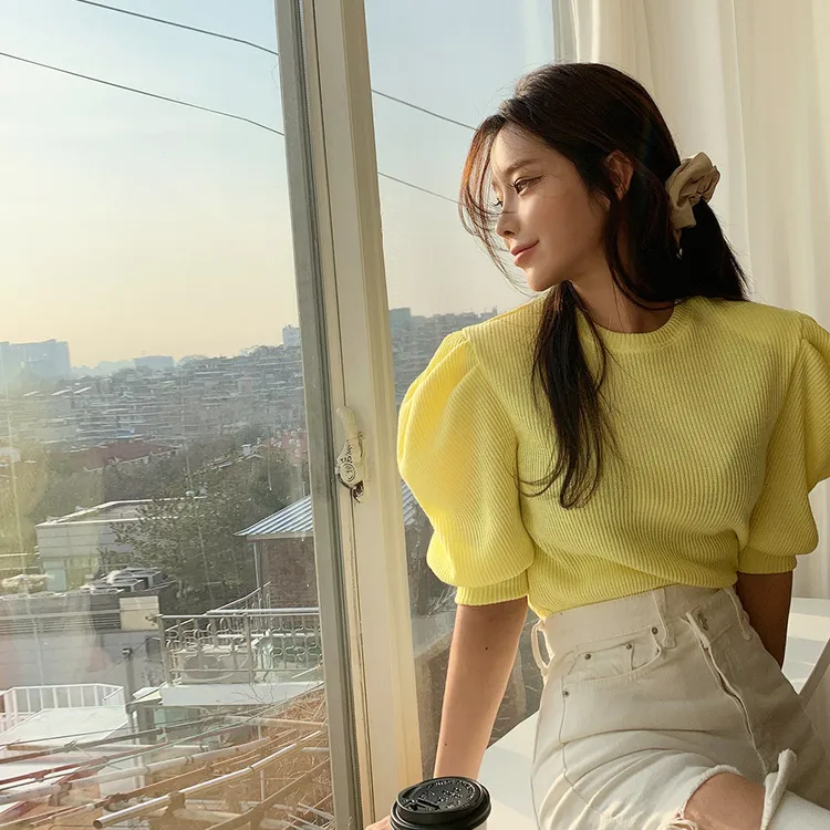 韩国东大门女装2022秋装新款甜美修身显瘦淑女泡泡袖五分袖T恤ms
