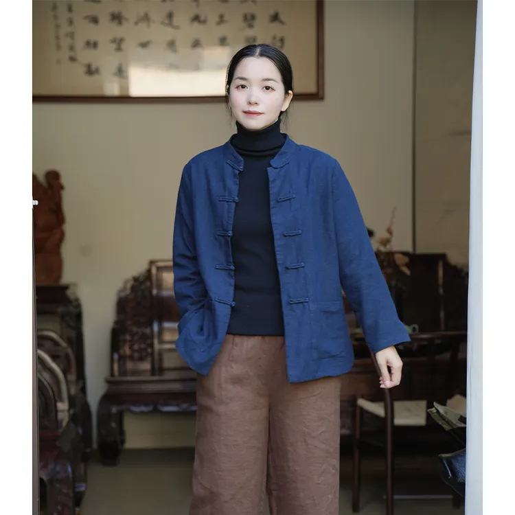 新款复古文艺苎麻棉立领外套女35022