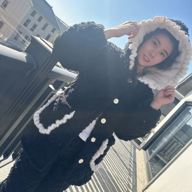 连帽加厚夹棉女花边中长款加绒保暖家居服睡衣女款套装睡衣