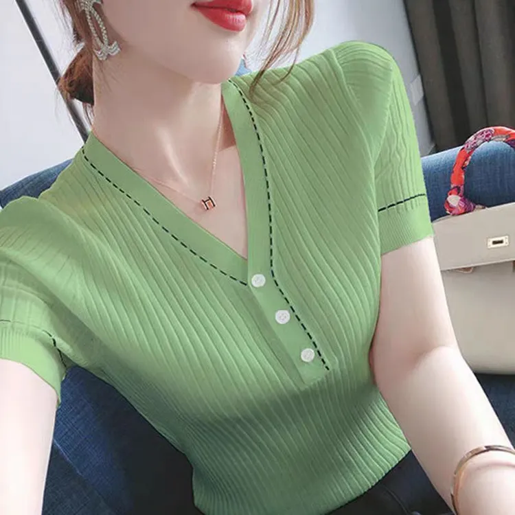 2025夏季新款桑蚕丝ⅴ领短袖t恤竖条纹修身百搭冰丝糖果色系薄款女