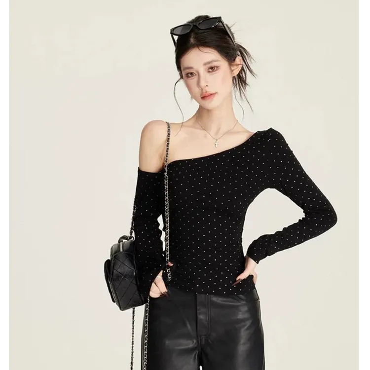 美式复古辣妹斜肩烫钻长袖打底衫修身百搭小众气质上衣