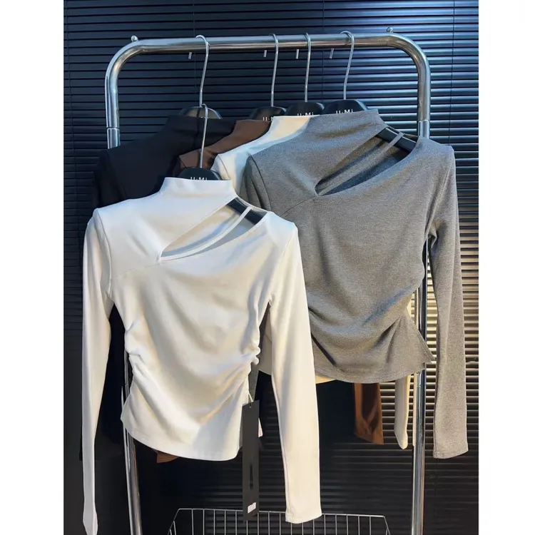 辣妹半高领镂空长袖T恤女2024秋季设计感褶皱收腰开叉修身上衣
