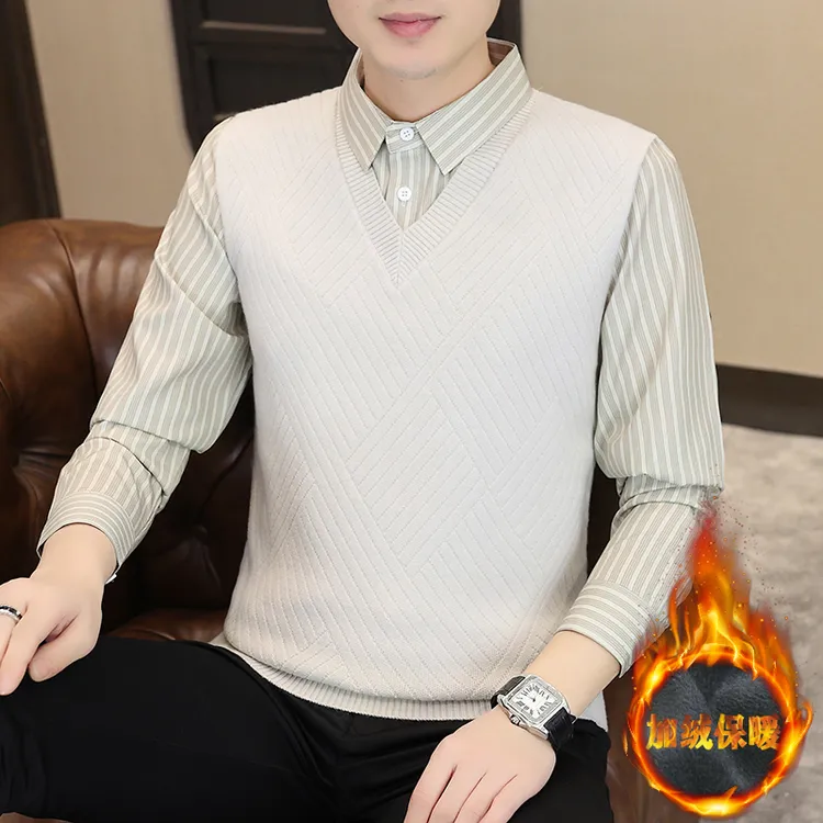 秋冬季衬衫领假两件假两件加绒加厚男装最新款潮款针织毛衣打底衫