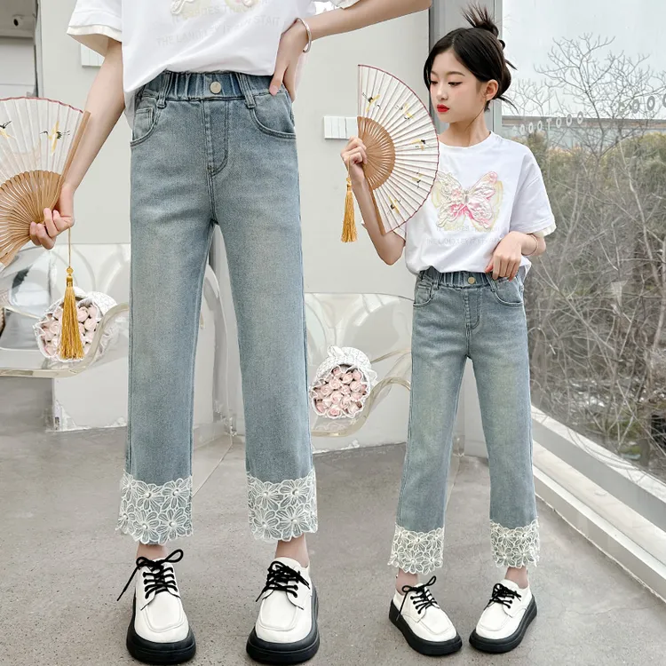 女童裤子春夏装儿童洋气蕾丝花边牛仔裤中大童薄款夏季烟管九分裤