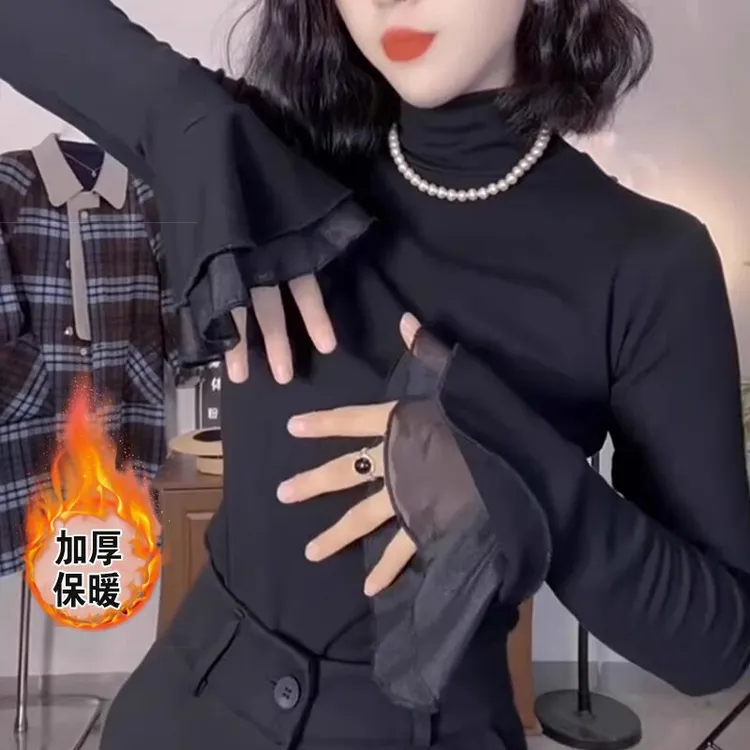 55加绒加厚保暖气质时尚修身喇叭袖设计女神范半高领打底衫潮长袖