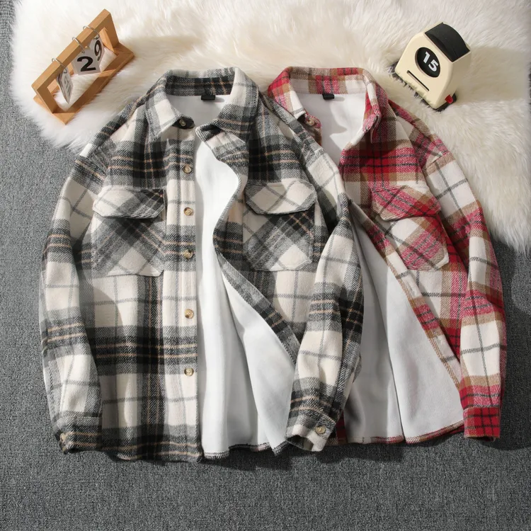 秋冬加绒加厚时尚格纹衬衫百搭潮流宽松衬衣外套保暖情侣韩版