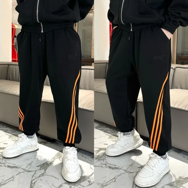 BXLT｜秋冬加绒复古美式斜杠刺绣保暖百搭宽松训练长裤卫裤