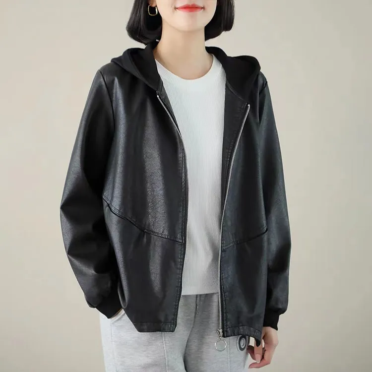 秋冬季连帽女大码皮衣30-50岁韩版宽松