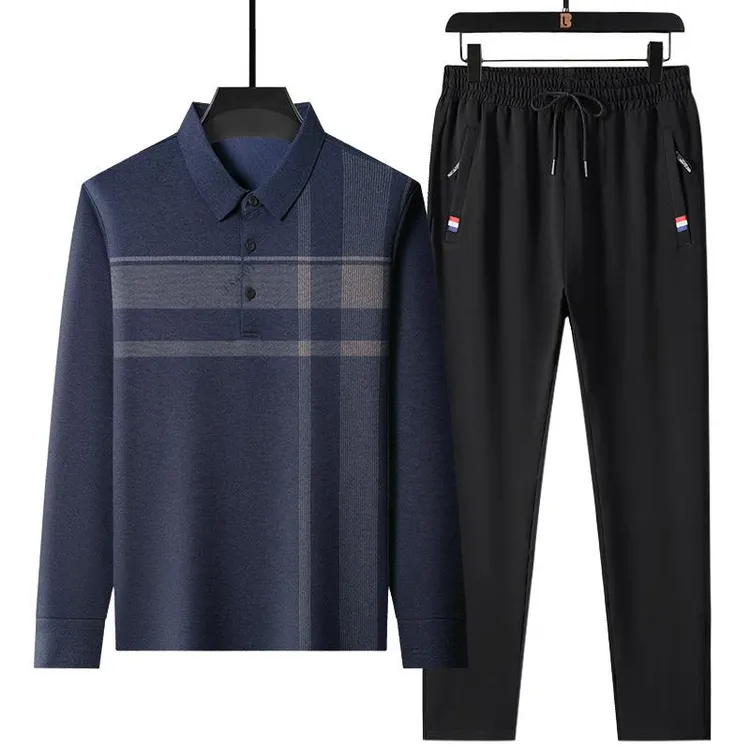 爸爸套装秋装春秋长袖t恤男秋季休闲polo衫中老年人50岁60-70衣服