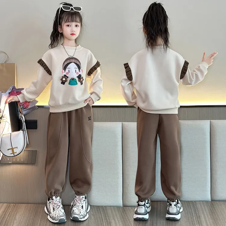 小女孩套装卡通小美女花边卫衣儿童春秋女童洋气休闲中大童韩版