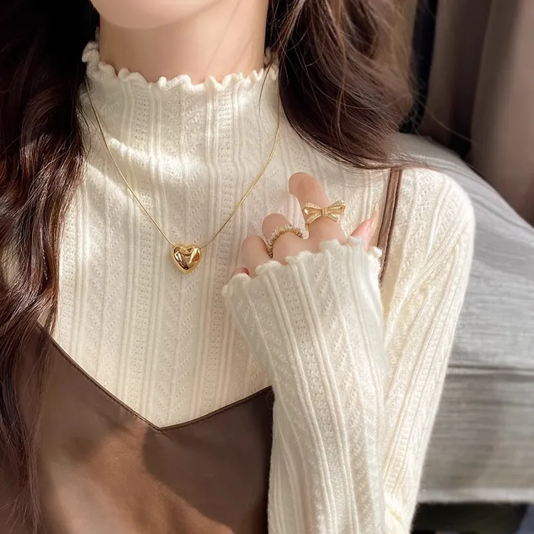 白色打底衫女秋冬内搭新款半高领木耳边针织衫中领长袖显瘦毛衣