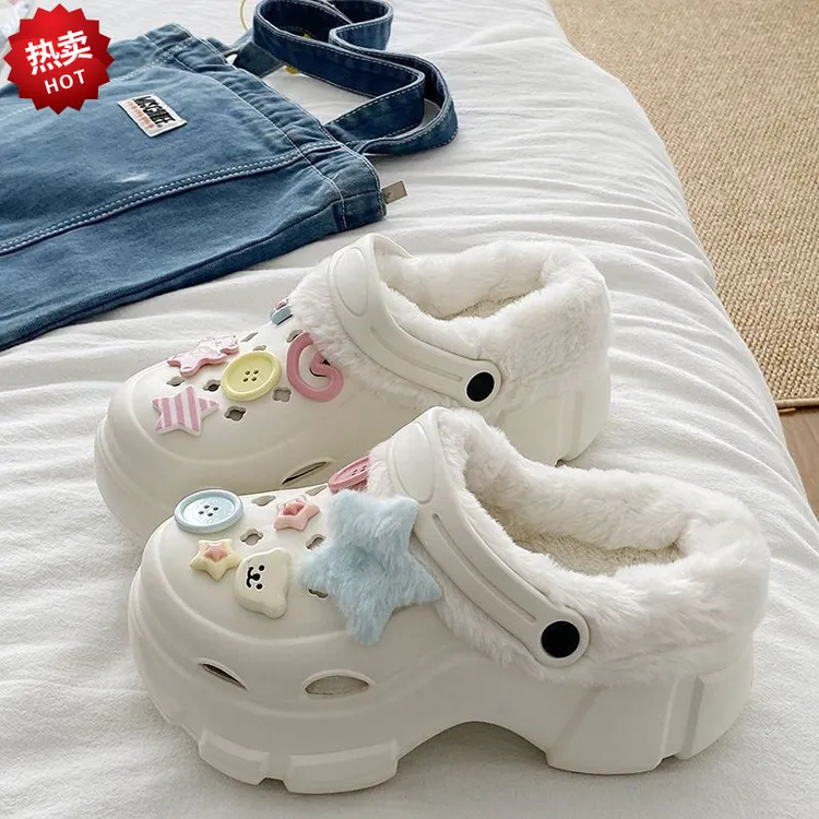 洞洞鞋冬季加绒可拆卸女秋冬少女高跟可爱学生防滑棉拖鞋冬季加绒