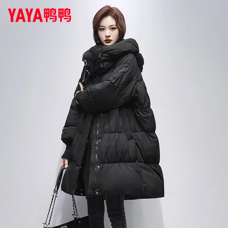 YAYA/鸭鸭羽绒服女中长款2025冬季新款时尚连帽加厚保暖冬装外套