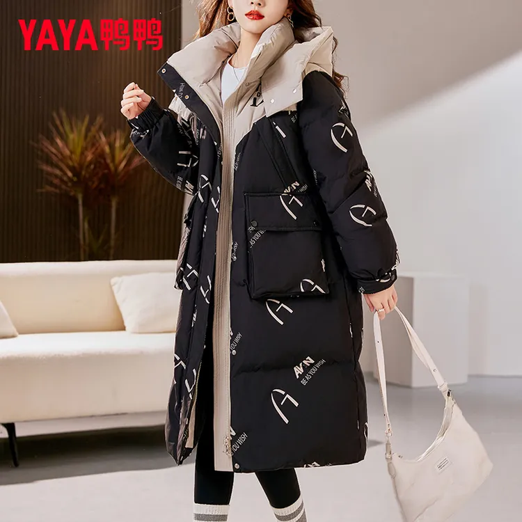 鸭鸭正品羽绒服女长款2025年秋冬新款时尚印花过膝加厚冬装外套潮