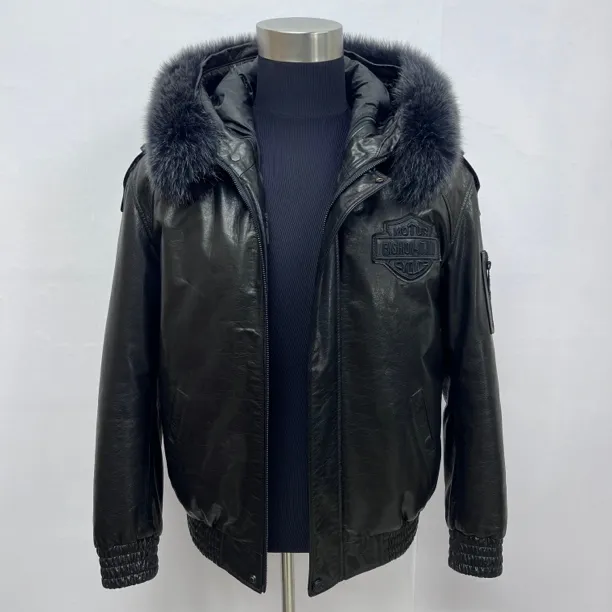 男式黑色小牛皮复古油蜡连帽款夹克皮衣可拆卸
