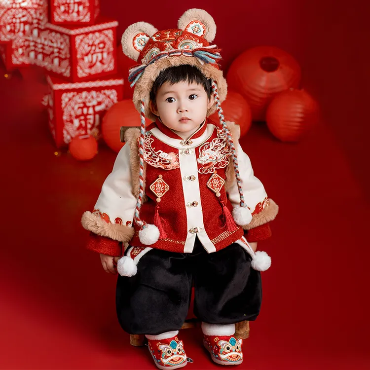 古月家.福满 男童汉服冬款加厚儿童拜年服男宝宝抓周周岁礼服套装