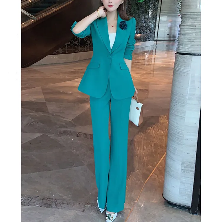 春秋气质新款气质修身显瘦长袖西装套装高腰微喇叭裤长裤两件套