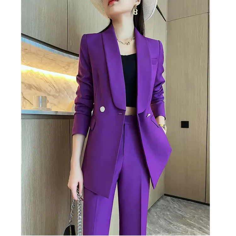 紫色春秋气质女神范修身显瘦西装时尚套装微喇叭裤子长裤两件套女