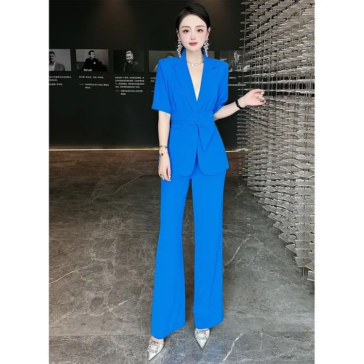 高级感蓝色职业夏季设计感收腰短袖西装套装女高腰微喇叭裤两件套