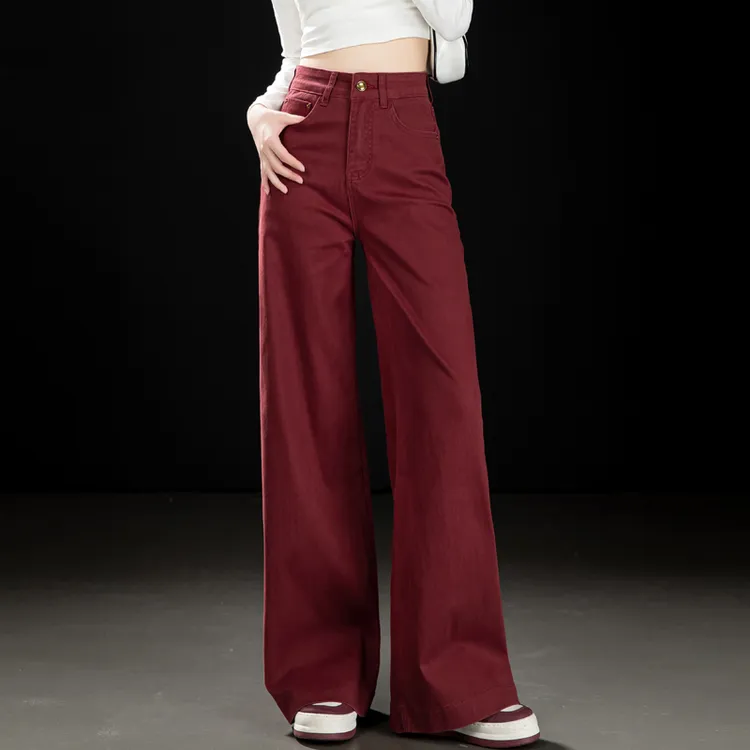 安哥拉红色复古牛仔裤2025秋冬百搭女高腰显瘦阔腿裤女网红牛仔裤