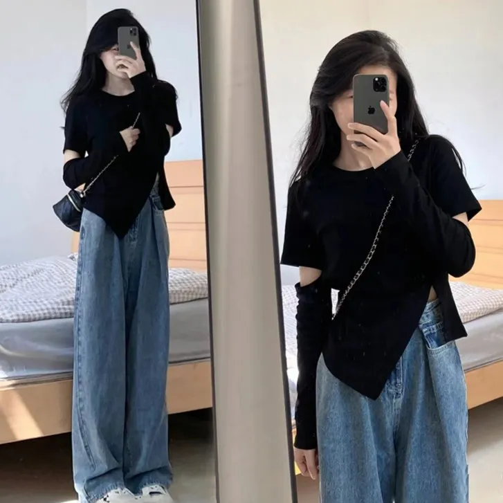 春秋正肩长袖t恤女不规则开叉破洞镂空短款设计感小众百搭上衣潮
