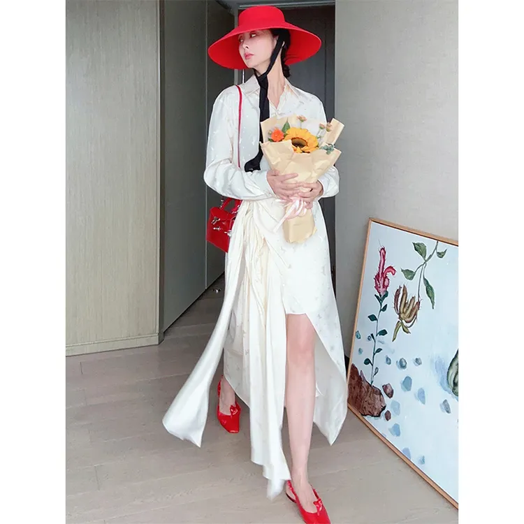 TRACYCHU【现货】春游出游奶油色提花解构立裁长袖百搭少女长连衣裙