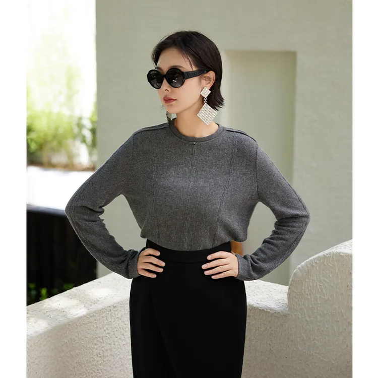 TRACY CHU lp原绒cashmere灰色极简百搭长袖针织款羊绒衫洋气慵懒