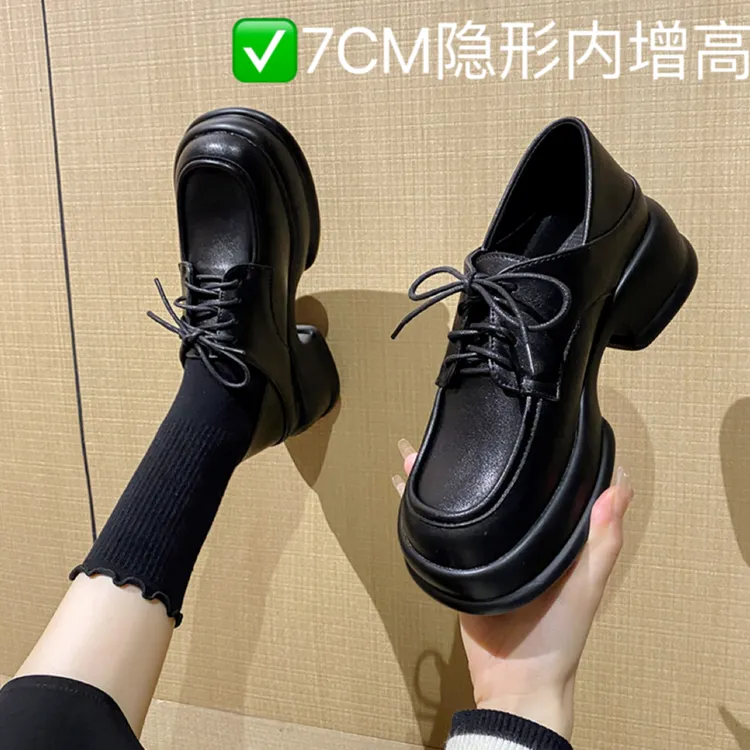 夏季爆款秋冬内增高厚底小皮鞋高跟鞋圆头软底百搭女士真皮工作鞋