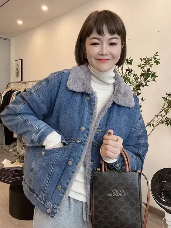 翻领宽松牛仔外套女2024年新款港味单排扣长袖加绒加厚牛仔夹克女