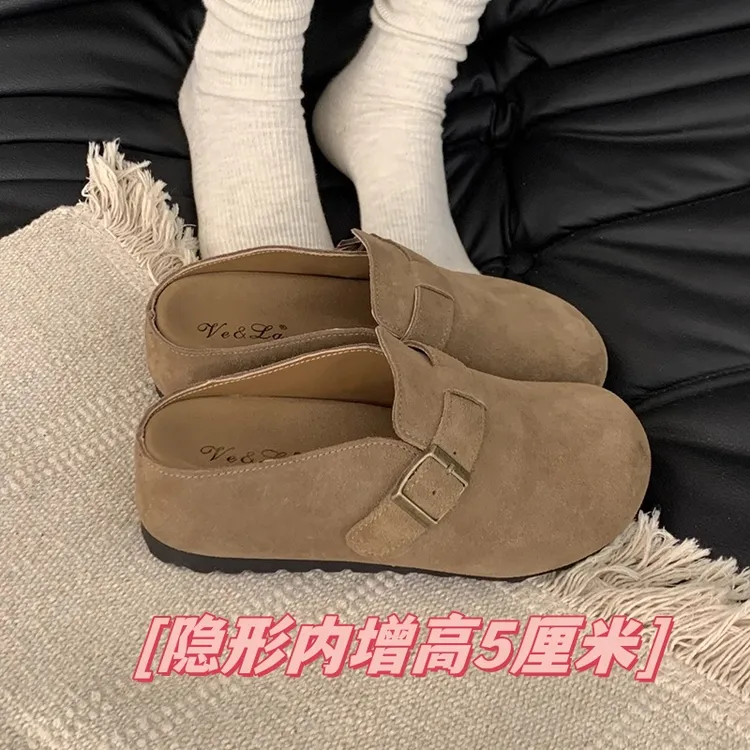 小个子内增高5CM~勃肯鞋女2025春季新款复古坡跟厚底包头半拖鞋女
