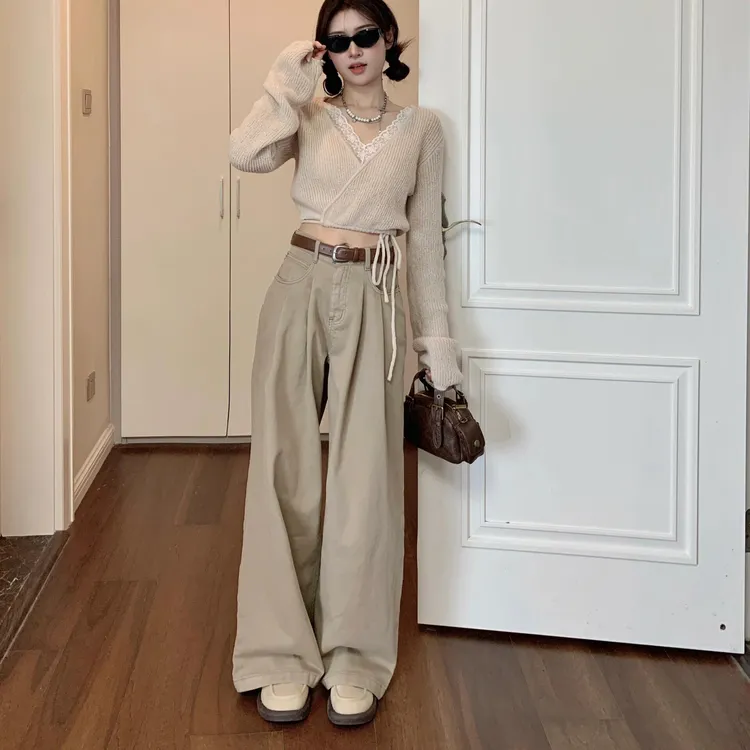 美式复古做旧直筒牛仔裤女秋季新款高腰宽松显瘦百搭卡其色阔腿裤