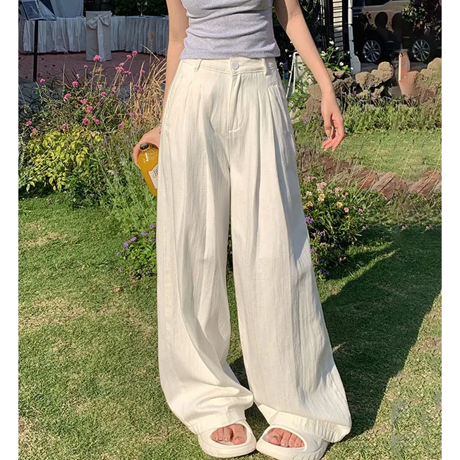 韩版百搭白色纹理直筒牛仔裤女秋季高腰显瘦宽松垂感阔腿长裤子潮