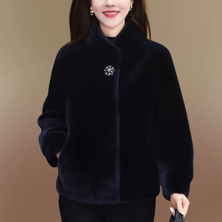 女士高档毛毛外套秋冬款洋气时尚中年妈妈立领加厚保暖短款大衣