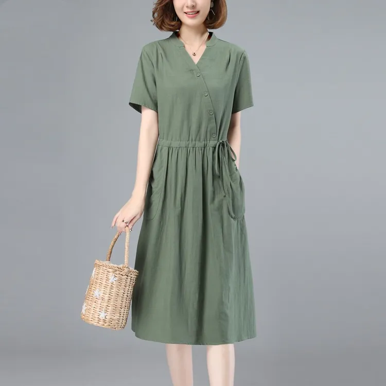 纯棉连衣裙夏季新款韩版中长款妈妈气质时尚短袖宽松大码纯色裙子