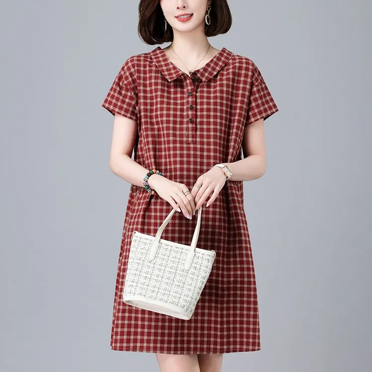 棉麻格子连衣裙2024夏季新款韩版洋气妈妈气质宽松大码休闲裙子