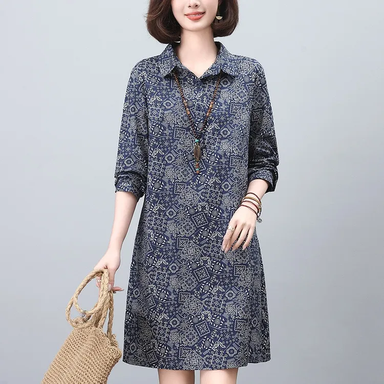 纯棉碎花连衣裙妈妈春秋新款休闲大码宽松中长款气质时尚洋气裙子