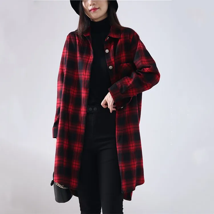 格子衬衣女大码宽松气质休闲外套高档韩版新款衬衫中长款百搭上衣