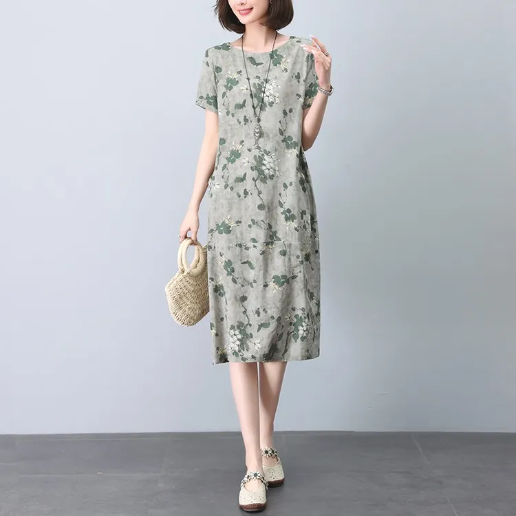 棉麻碎花连衣裙夏季新款短袖圆领大码宽松时尚复古中长款印花裙子