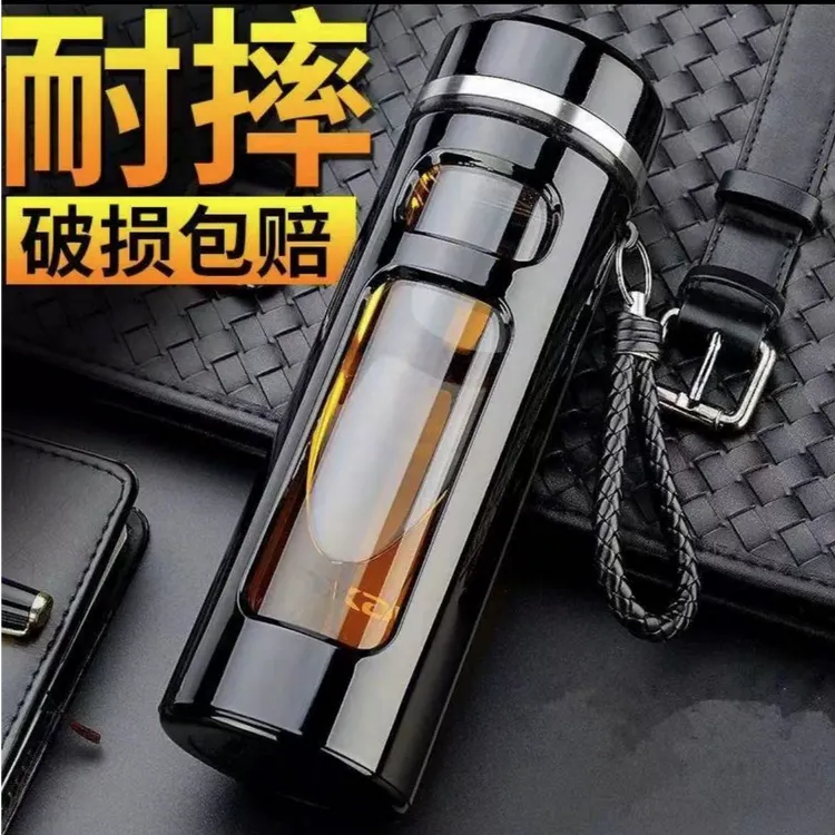 大容量耐摔高硼硅茶杯玻璃智能水杯双层防摔男款隔热过滤泡茶杯