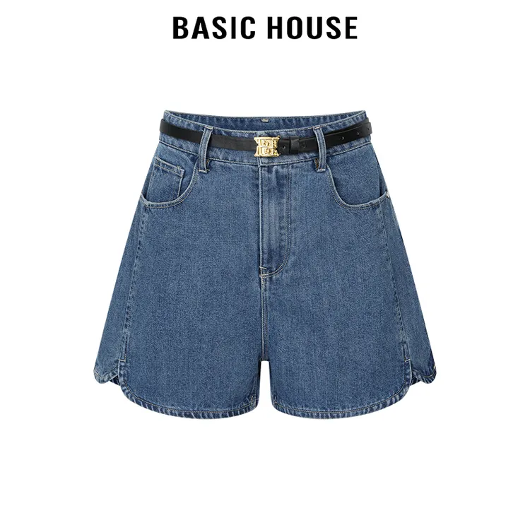 百家好/Basic House高腰一粒扣后口袋刺绣牛仔短裤女宽松休闲裤子