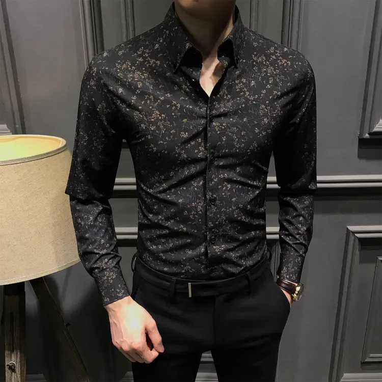 痞帅碎花男士长袖衬衫2025新款时尚印花衬衣青年修身百搭上衣免烫